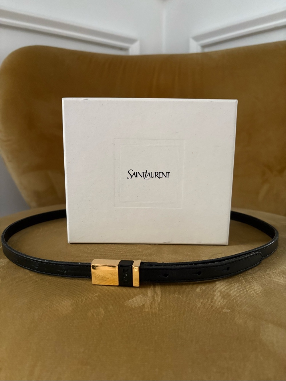 Saint Laurent Black Leather Slim Belt with Gold-Tone Rectangular Buckle